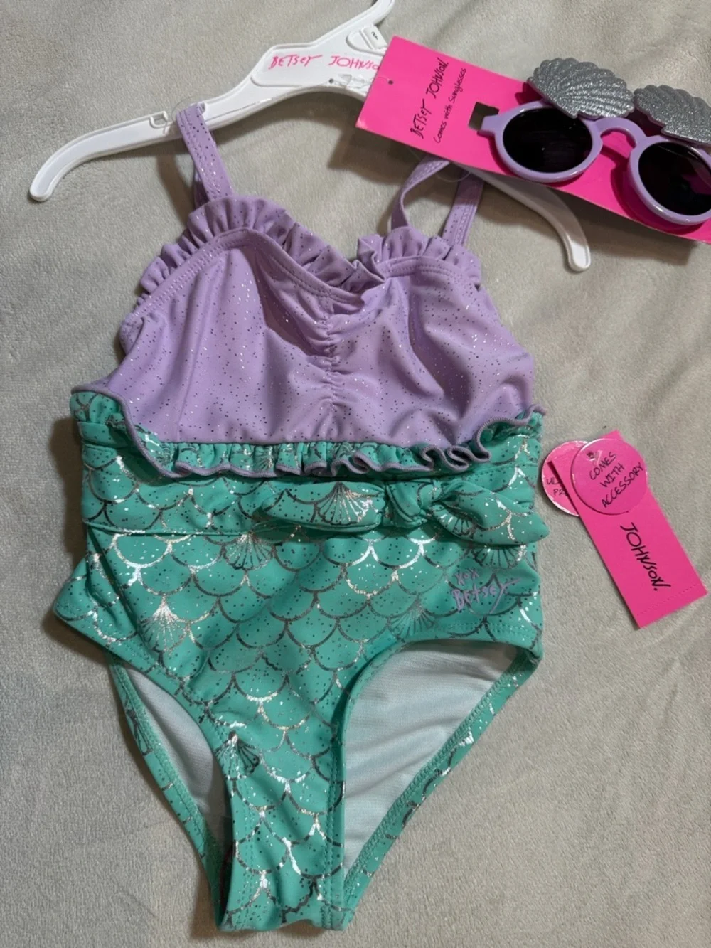 NWT Betsey Johnson Girls Lavender and Aqua Mermaid Scale One-Piece Swimsuit